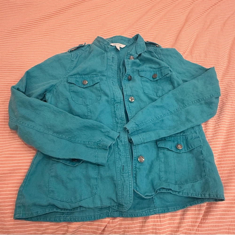 Relativity small Utility Blazer Jacket Coat 100% Linen Military Teal Blue aqua